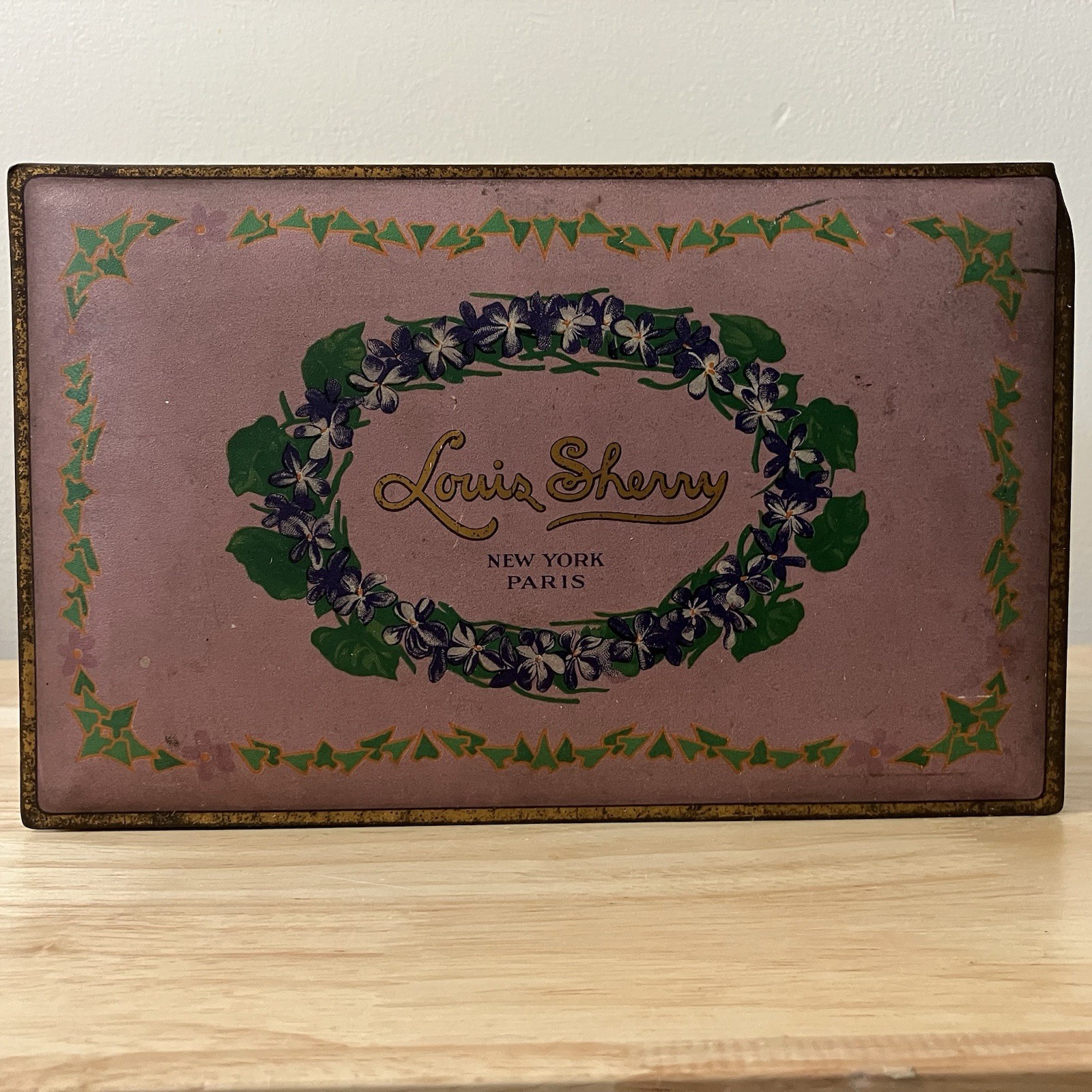 CANCO 1930s Louis Sherry Candy Tin Hinged Lid Purple Pink Floral 2LB Vtg RARE