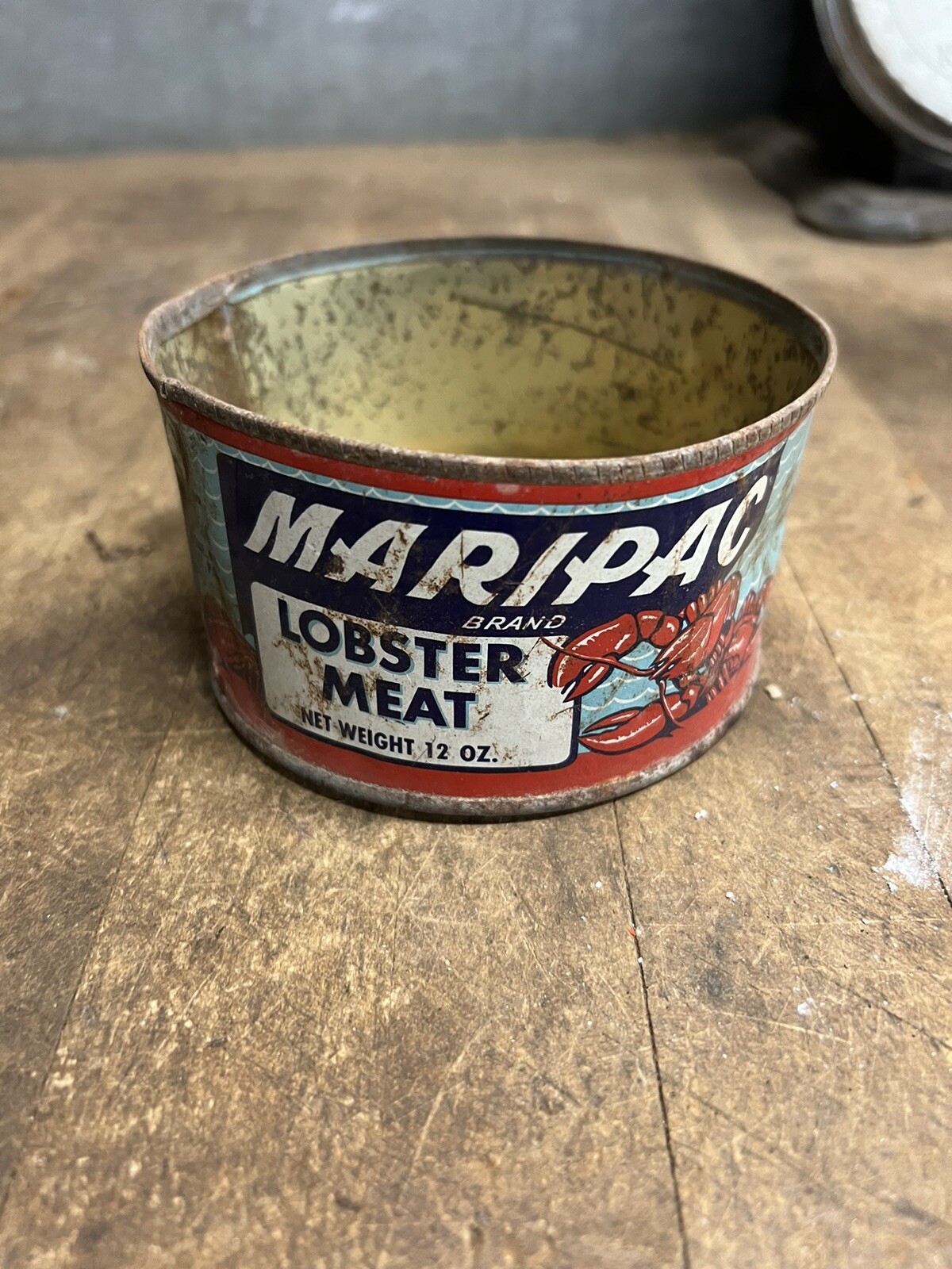 Vintage Old Maripac Brand Lobster Meat Seafood Metal Empty Tin Can 12 Oz USA
