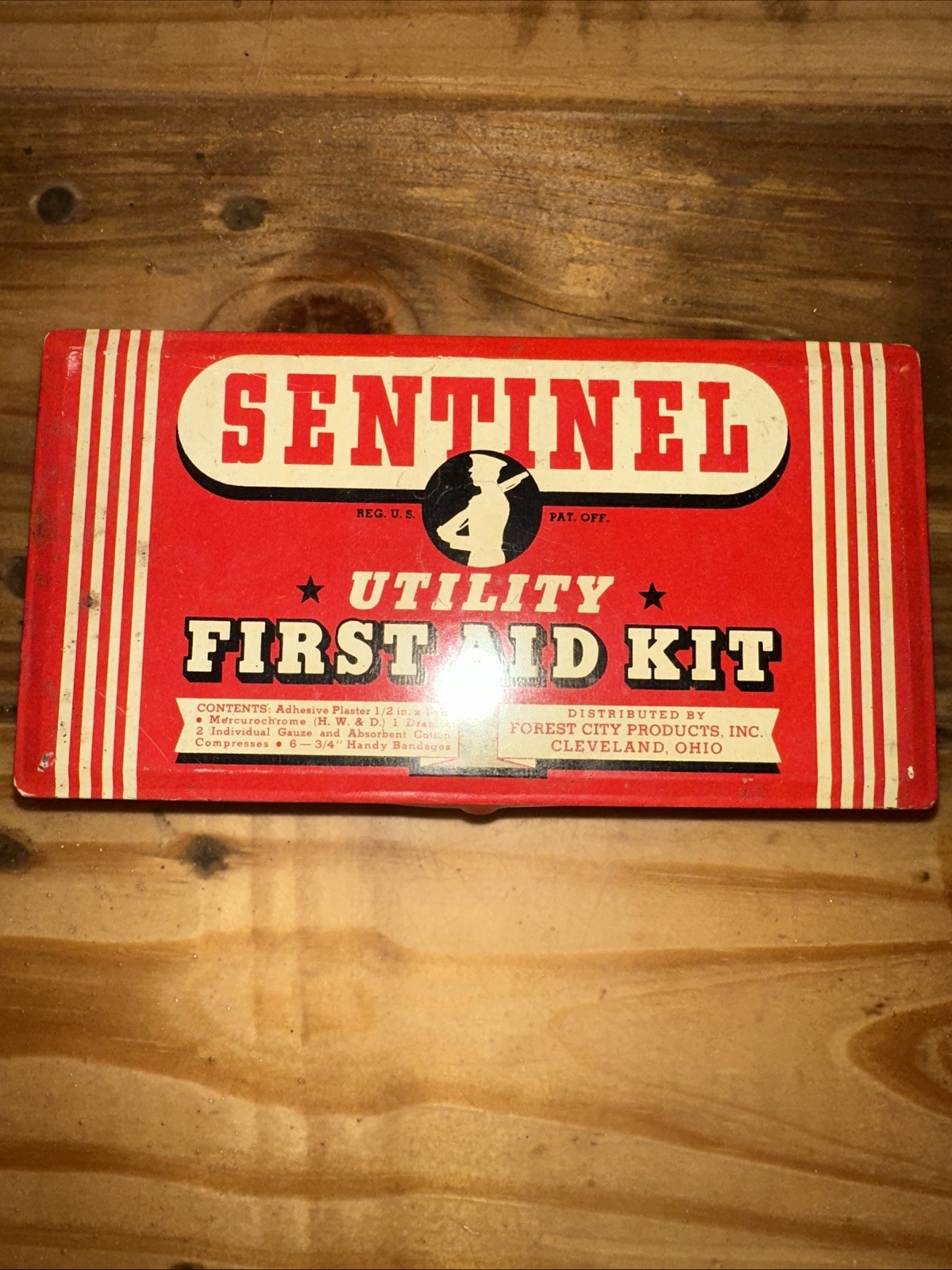 Vtg Sentinel Utility First Aid Kit Advertising 1950’s Empty Tin Can Box