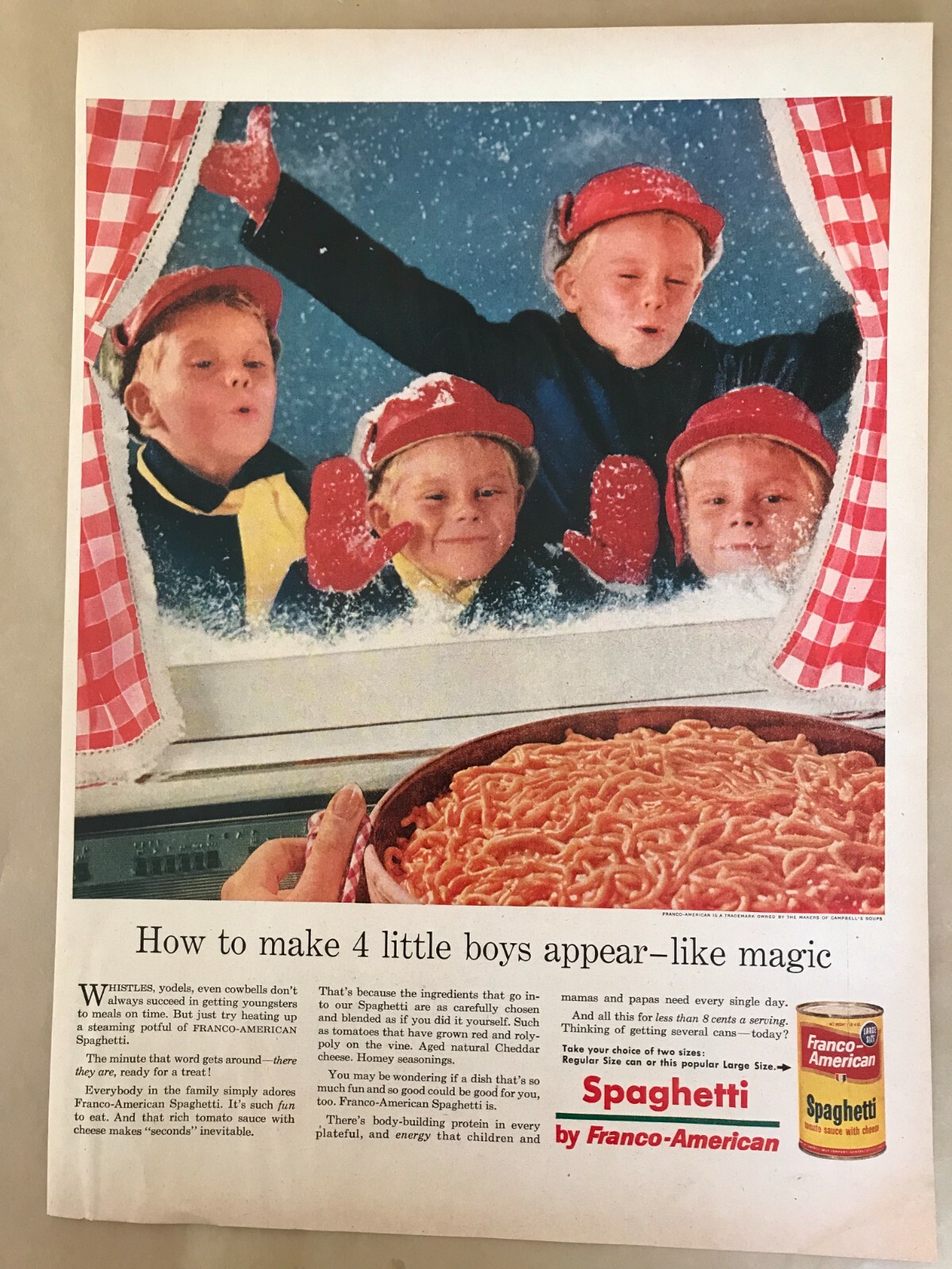 1957 Print Ad Franco American Canned Spaghetti, Boys in Snowy Window 13.5″x10″