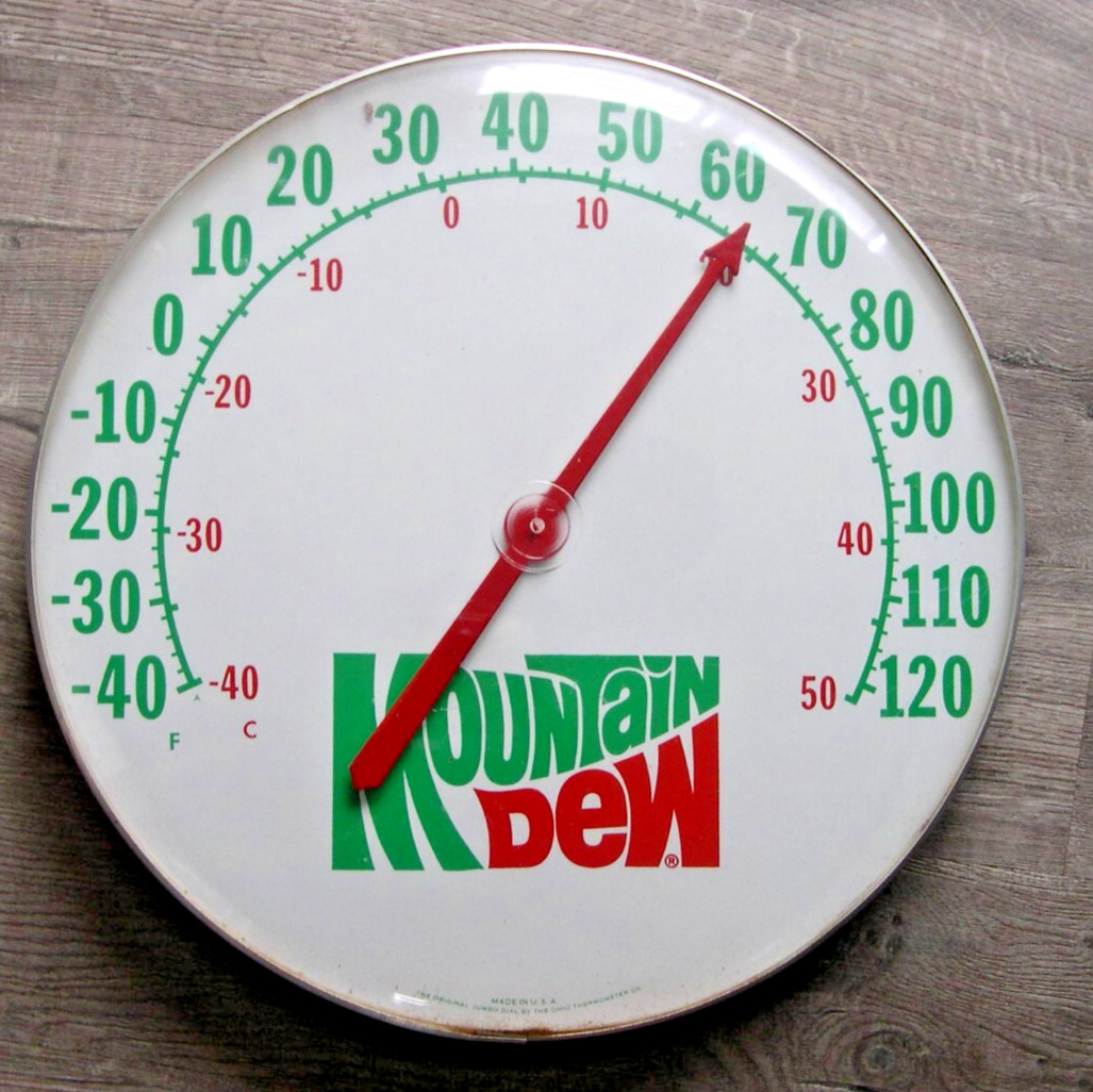 MOUNTAIN DEW JUMBO DIAL THERMOMETER 18″ ROUND BY THE OHIO THERMOMETER CO. CLEAN!