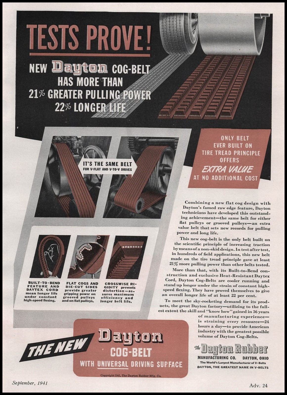 1941 Dayton Rubber Mfg Co. Ohio Universal Driving Surface Cog Belts Print Ad