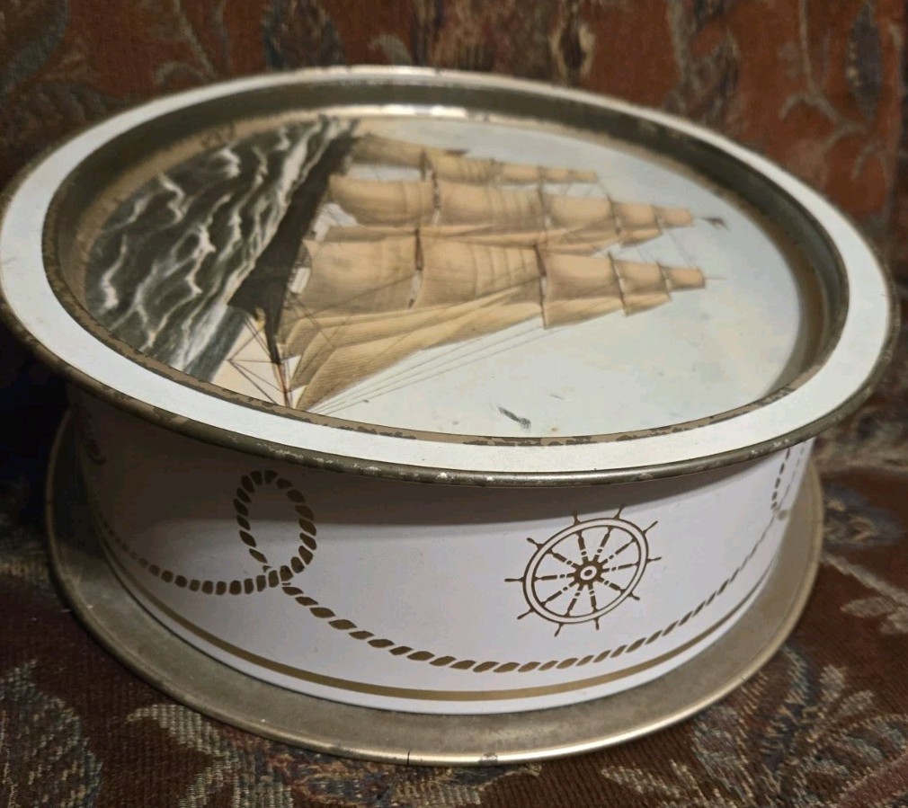 Vtg Sunshine Biscuits Tin Nautical Schooner Ships Trays Flying Cloud Red Jacket