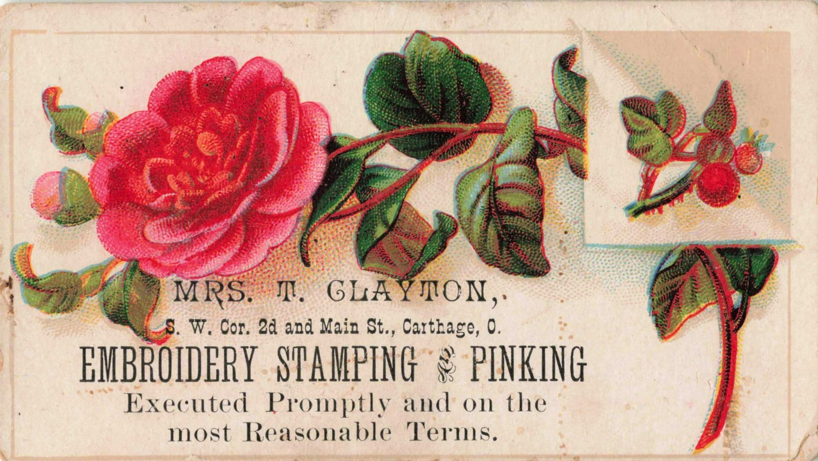 Victorian Business Trade Card Carthage, O T. Clayton Embroidery Stamping Pinking