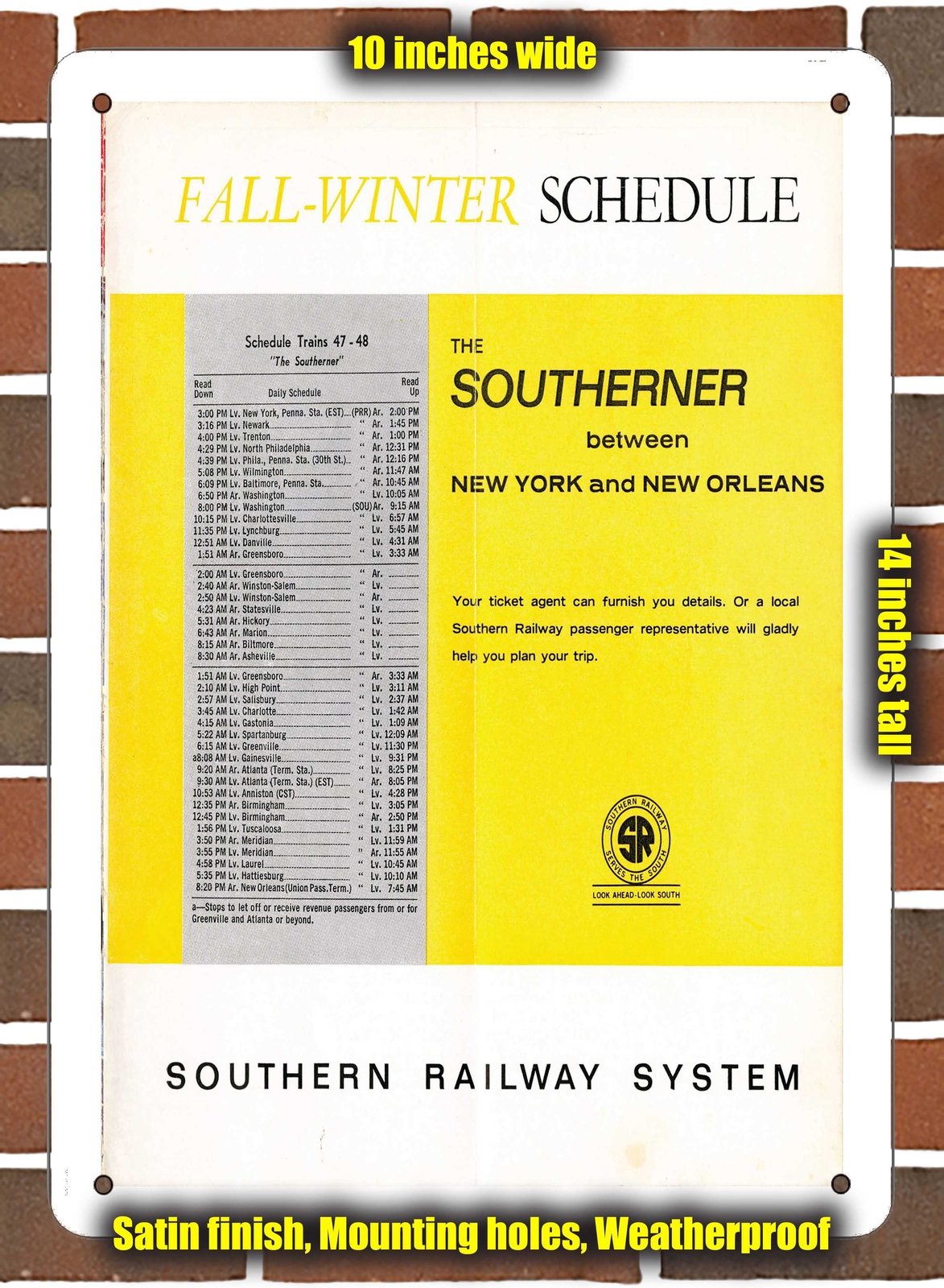METAL SIGN – 1966 Southern Railway Southerner Schedule – 10×14 inches