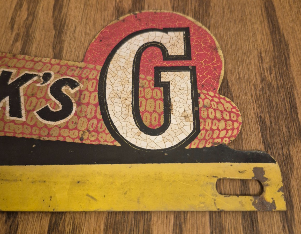 Authentic 1950s Vintage Funks G Corn License Plate Topper Sign Yellow Bar Patina