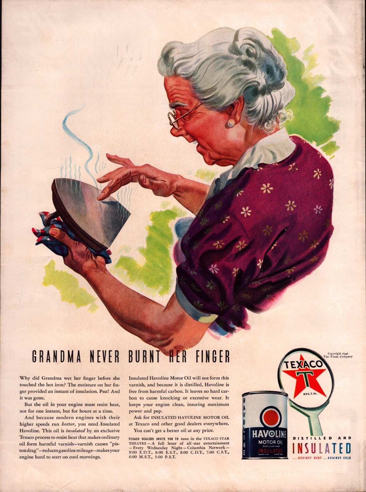 1940 – Taxaco Havoline Motor Oil – Vintage Print Ad – Grandma w/Iron – Wall Art