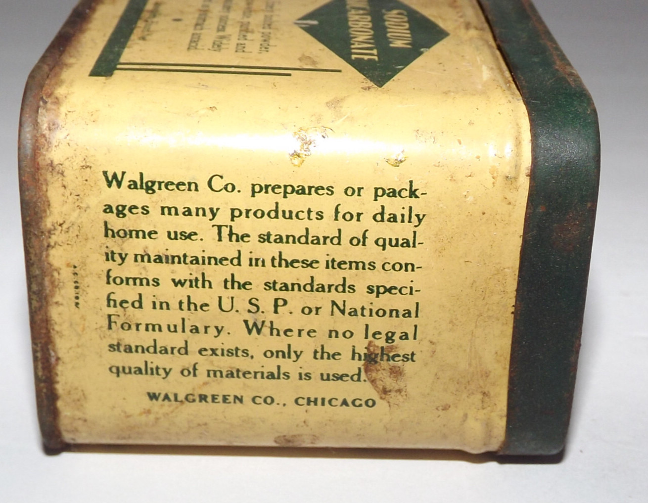 Vtg Walgreen Co. Sodium Bicarbonate Advertising Tin Beige Green One Fourth Pound