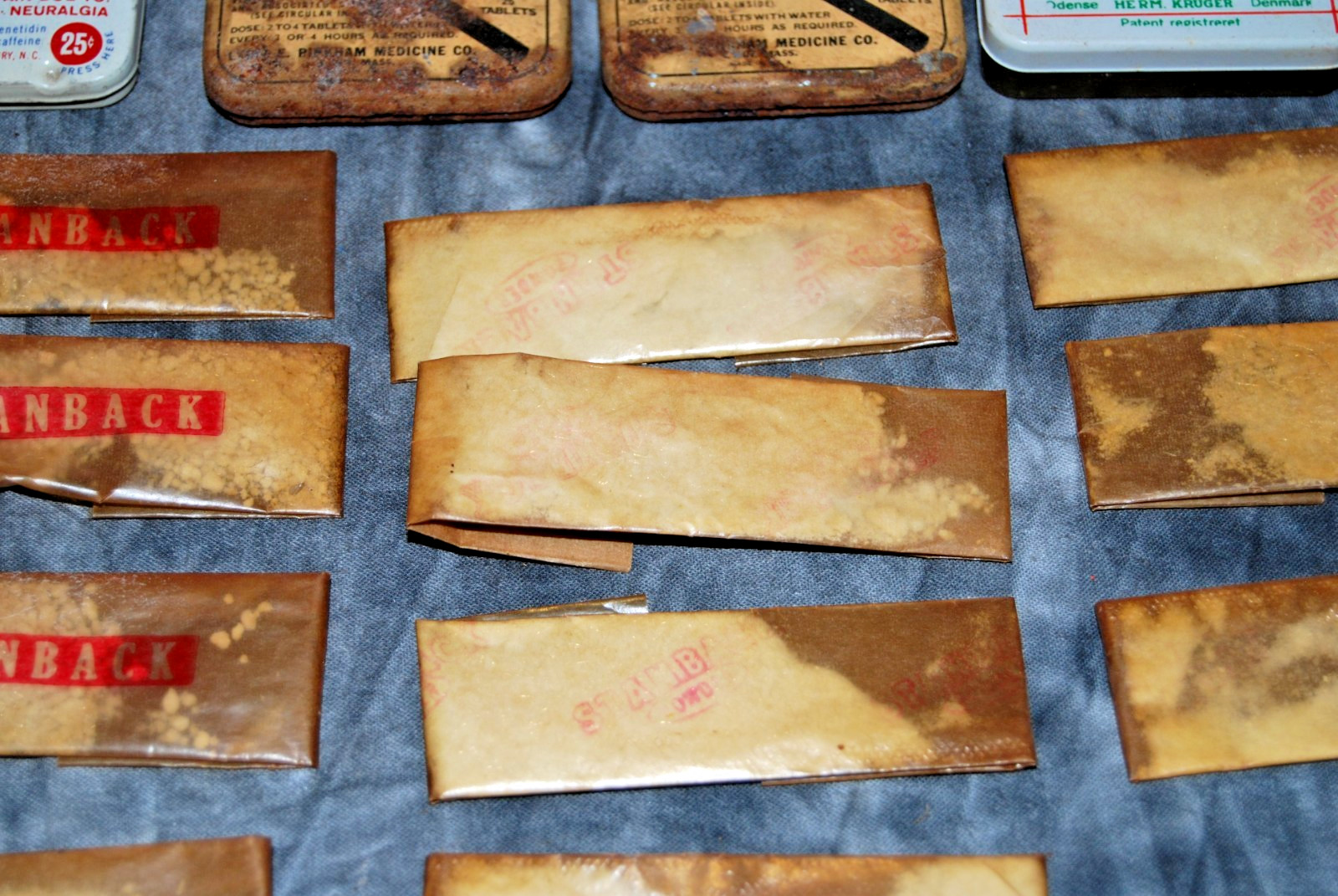 Vintage Stanback BC Powder Store Display Box Lot 15 Full Packets Antique Tins