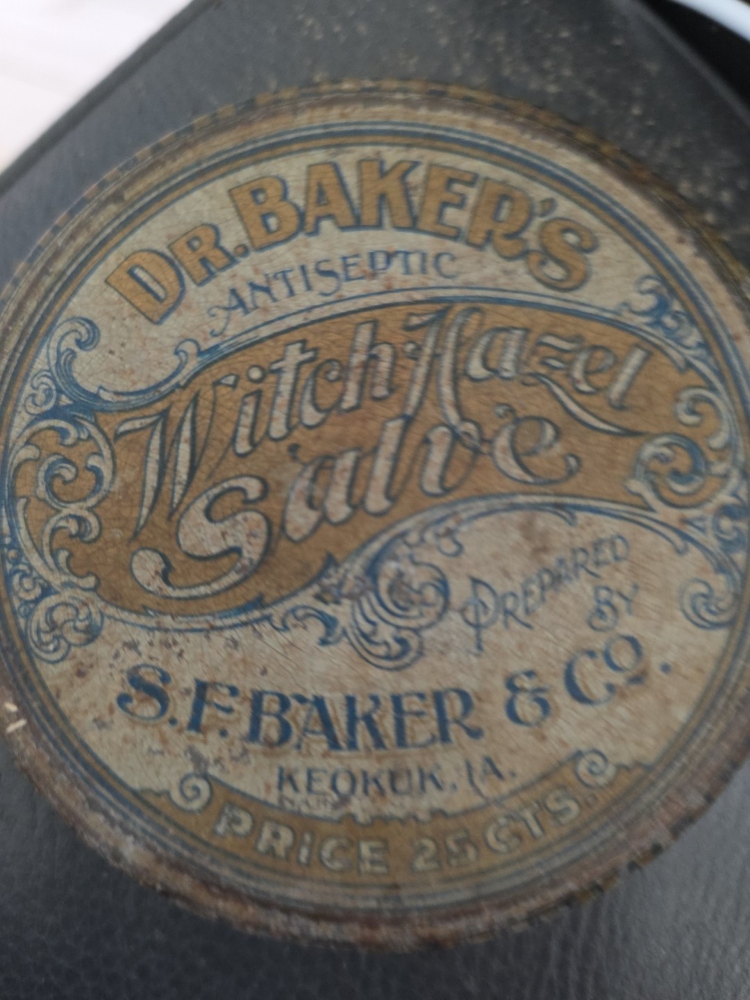 Antique Dr Baker’s Witch Hazel Salve Tin w/Lid Keokuk IA Apothecary c1900”