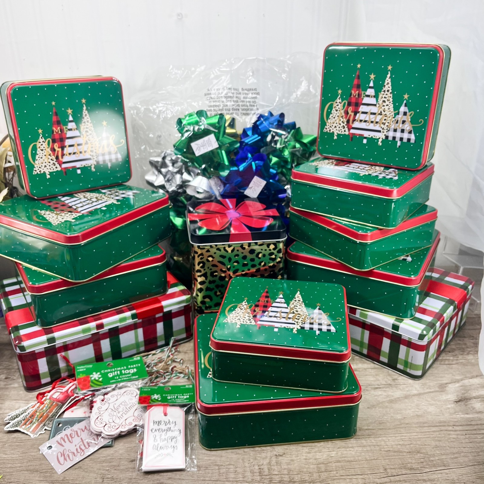 NEW Lot 12 Christmas Cookie Tins Metal Holiday Gift Boxes Small Large + Bows Tag