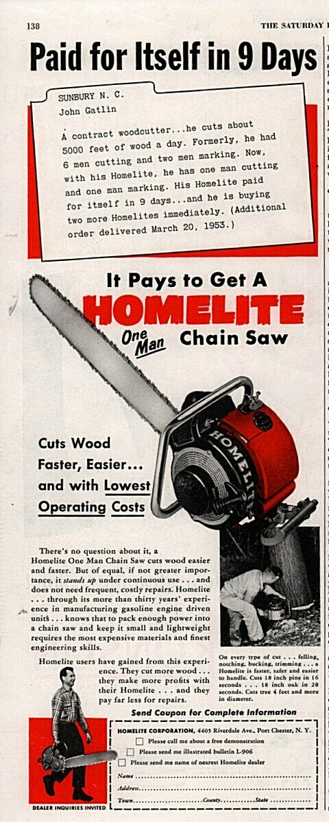 1953 a Homelite chain Saw 9 Days Paid Print Ad