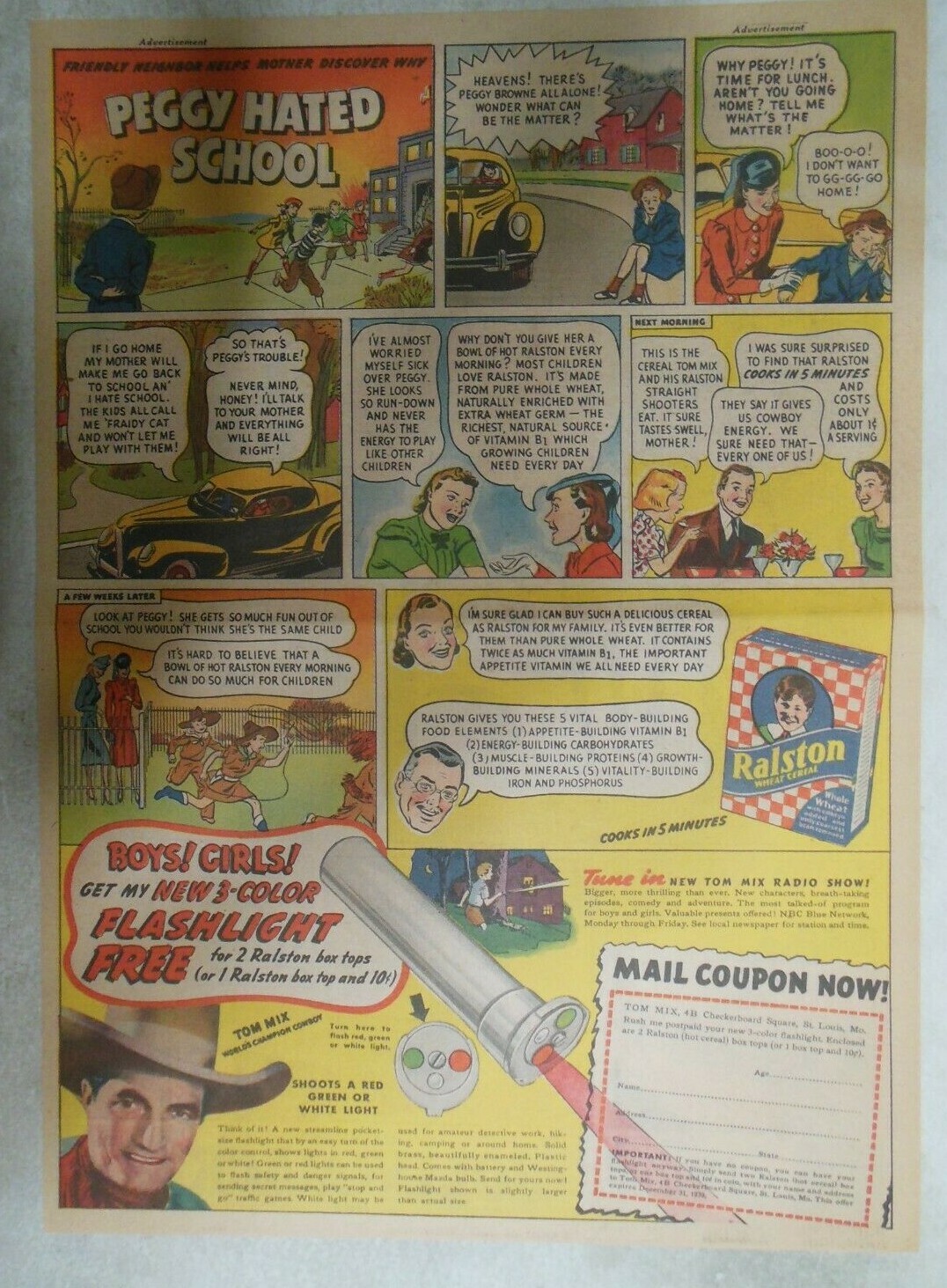 Ralston Cereal Ad: Tom Mix “3 Color Flashlight” Premium 1939 Size:11 x 15 inches