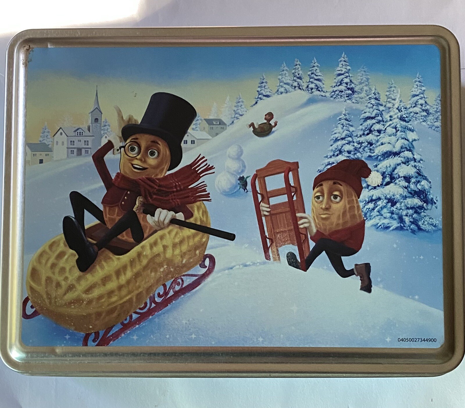 MR PEANUT Butter WINTER COLECTOR TIN Riding Down Hill on a Snow Sleigh LilPeanut