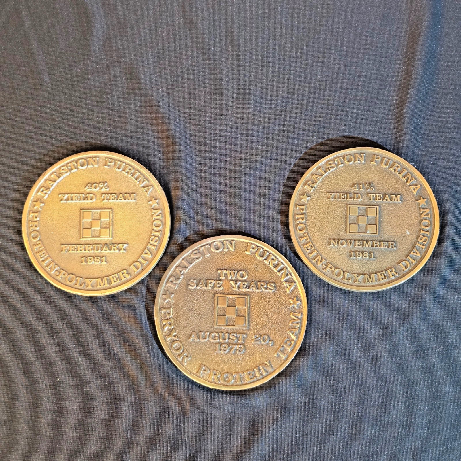 Set of 3 Vintage Ralston Purina Bronze Performance Awards Coasters Medallions