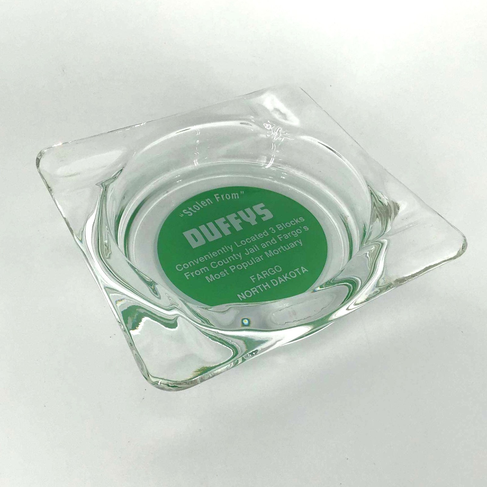 Vintage Glass Advertising Ashtray Duffys Green 4.15″ Square Fargo North Dakota