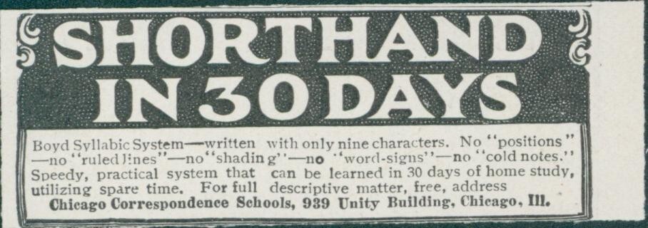 1915 Shorthand in 30 Days Chicago Correspondence Schools Ad CO7