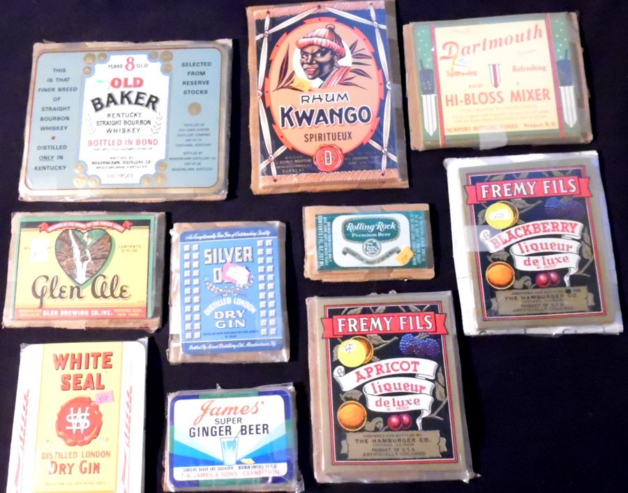 500 labels, 50ea of 10 diff Liquors,Rolling Rock,Silver Dew,Glen Ale,Kwango Rum+