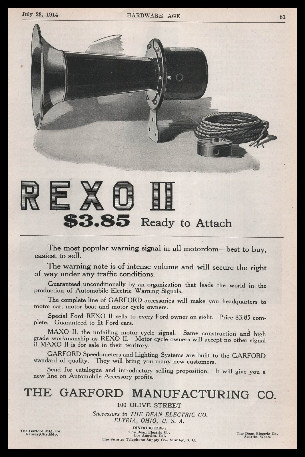 1914 Garford Manufacturing Kansas City Rexo II Car Horn Warning Signals Print Ad
