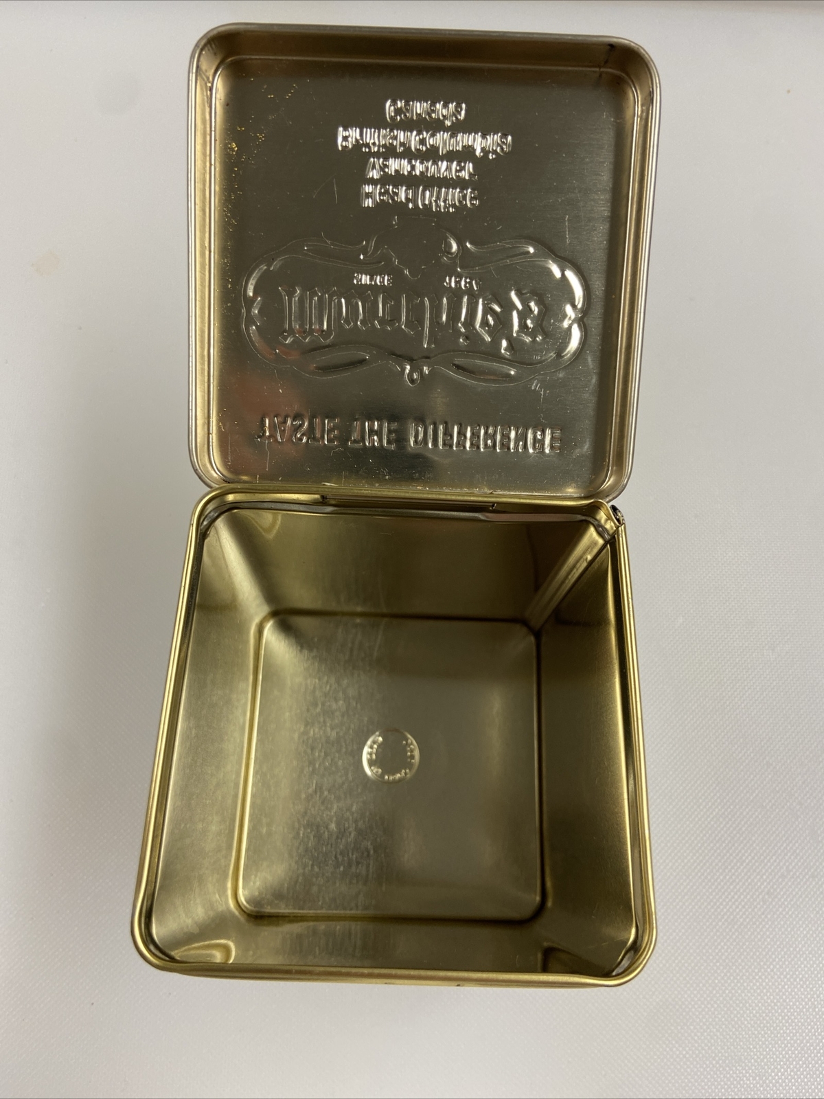 Murchie’s Chinese Tea Hinged Tin Empty 3.5″ Tall x 3″ Sq.