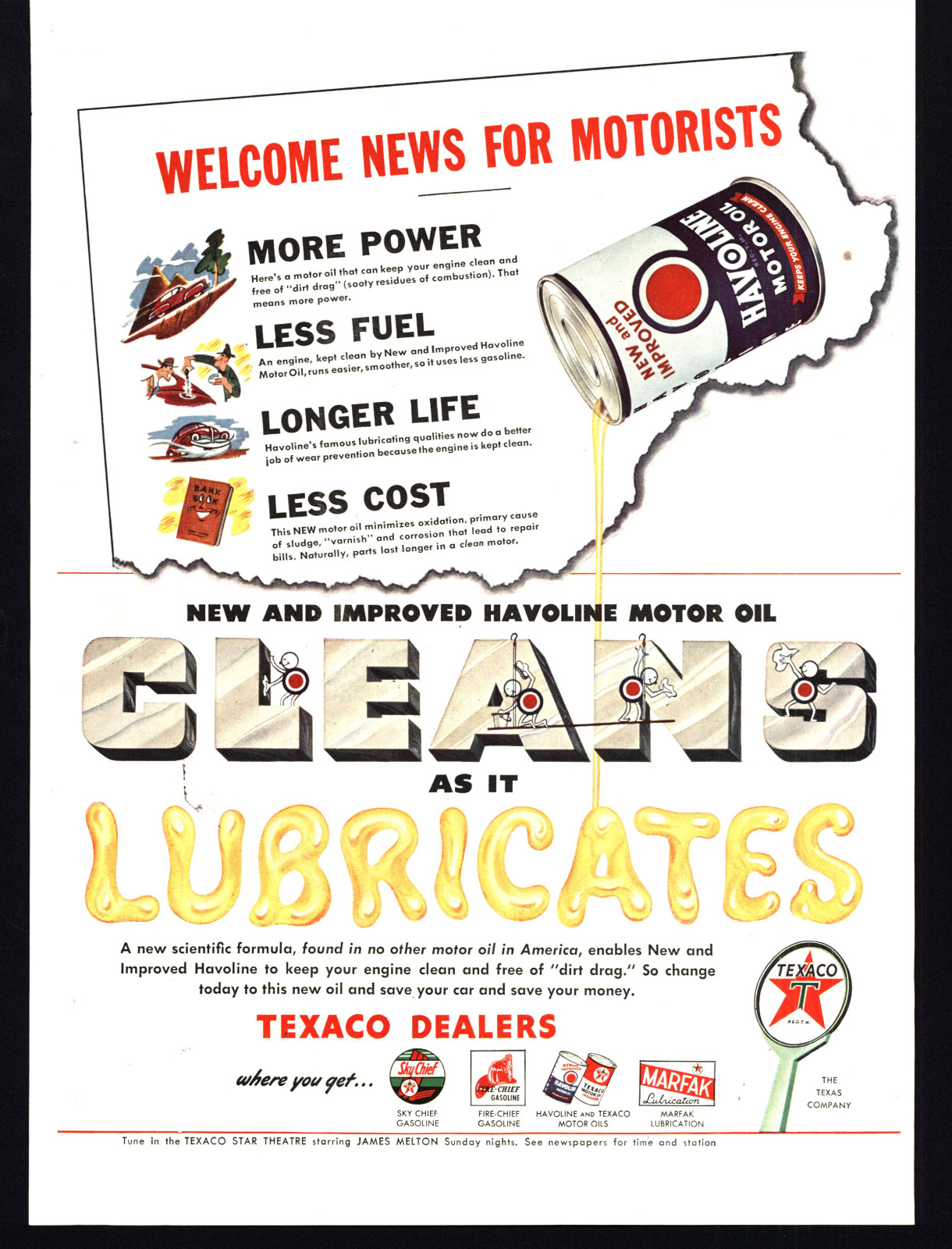 1946 TEXACO HAVOLINE OIL LUBRICATES SKY CHIEF THE TEXAS CO. VINTAGE PRINT AD