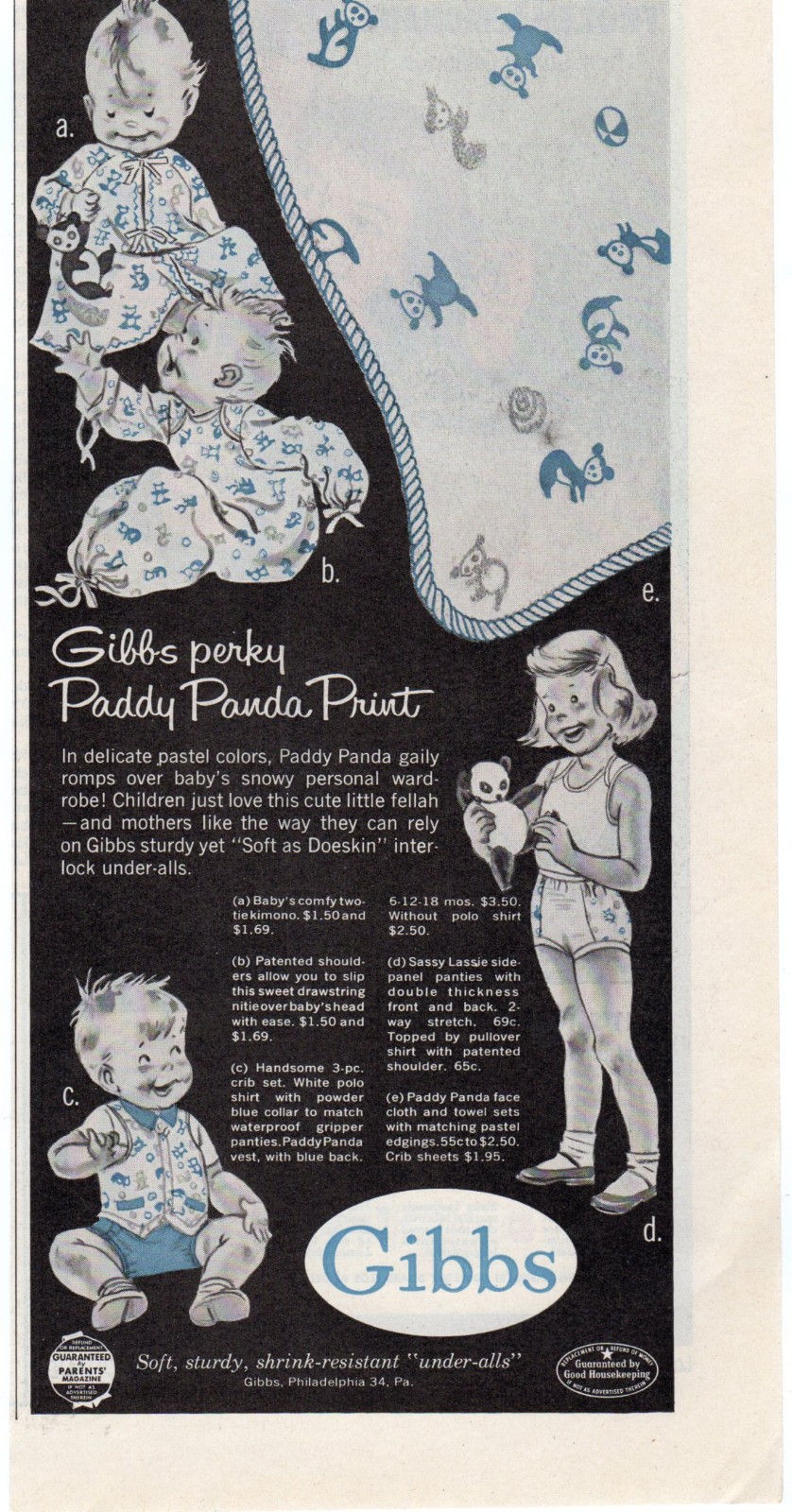 1955 Gibbs Paddy Panda Print Children’s Clothing Soft Cotton Knitwear Nursery Ad