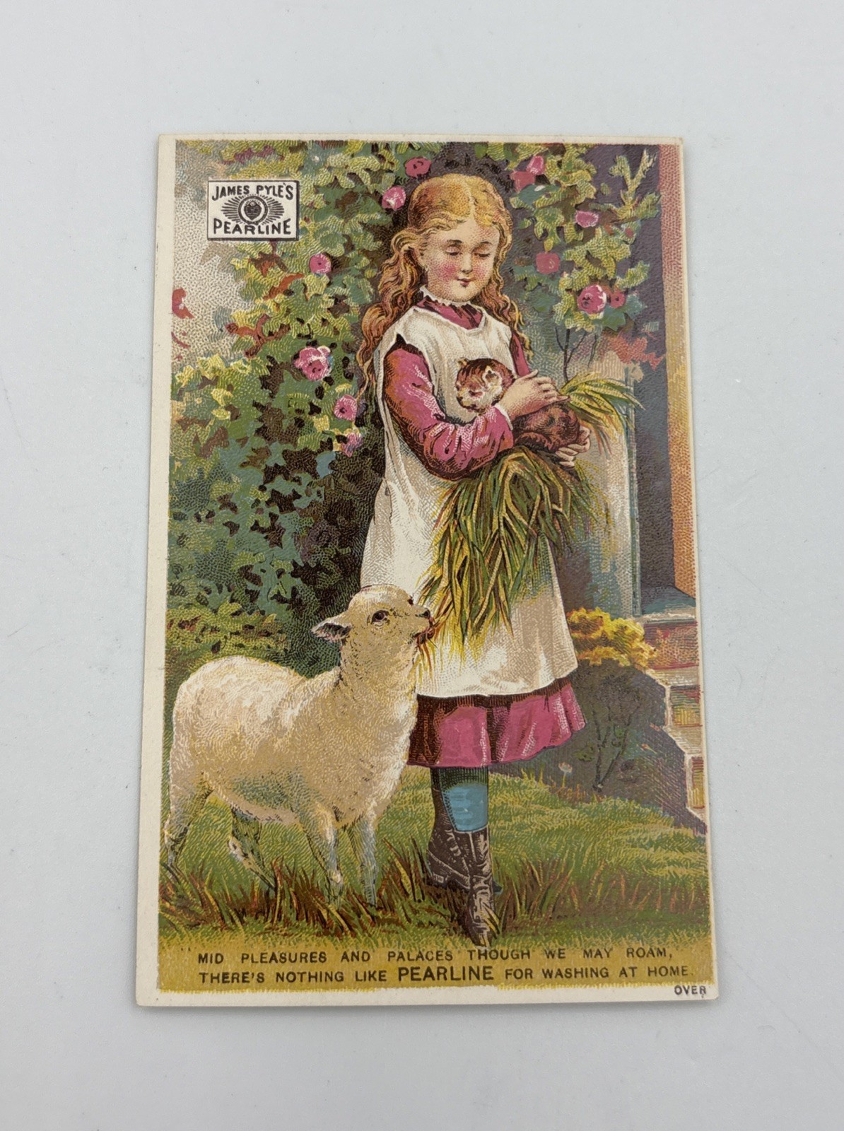 DIFF. PEARLINE SOAP TRADE CARD, LAMB EATING GRASS & GIRL HOLDING A KITTEN Good