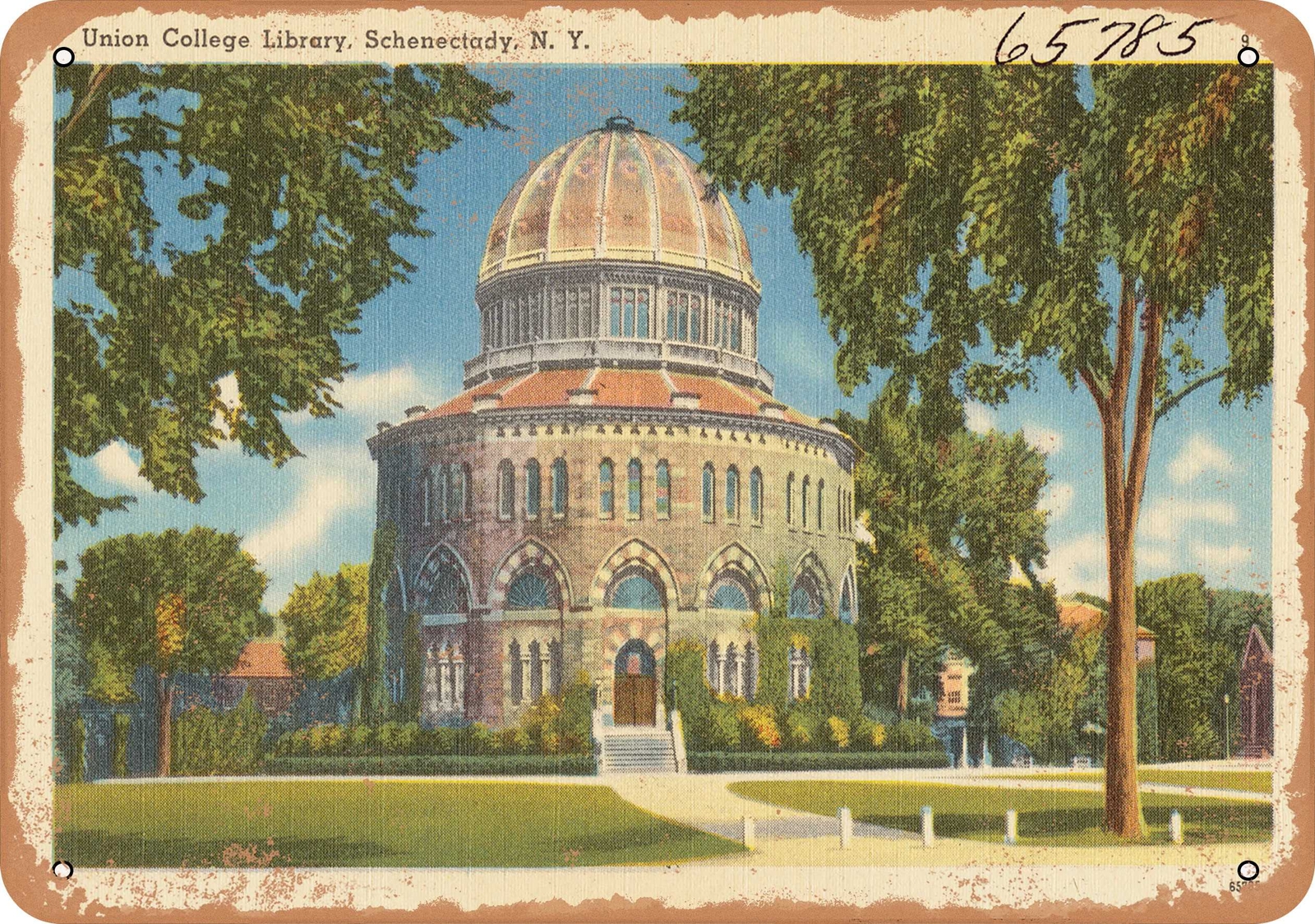 METAL SIGN – New York Postcard – Union College library, Schenectady, N. Y.