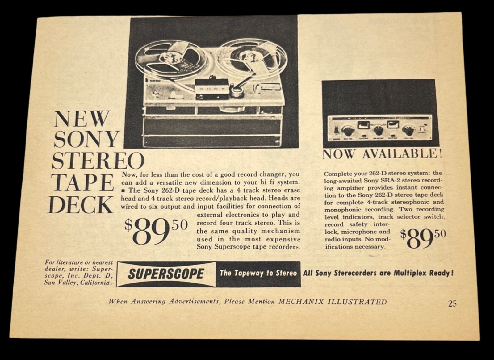 Sony Superscope 262-D Vintage Print Ad 1960s Stereo Tape Deck Amplifier