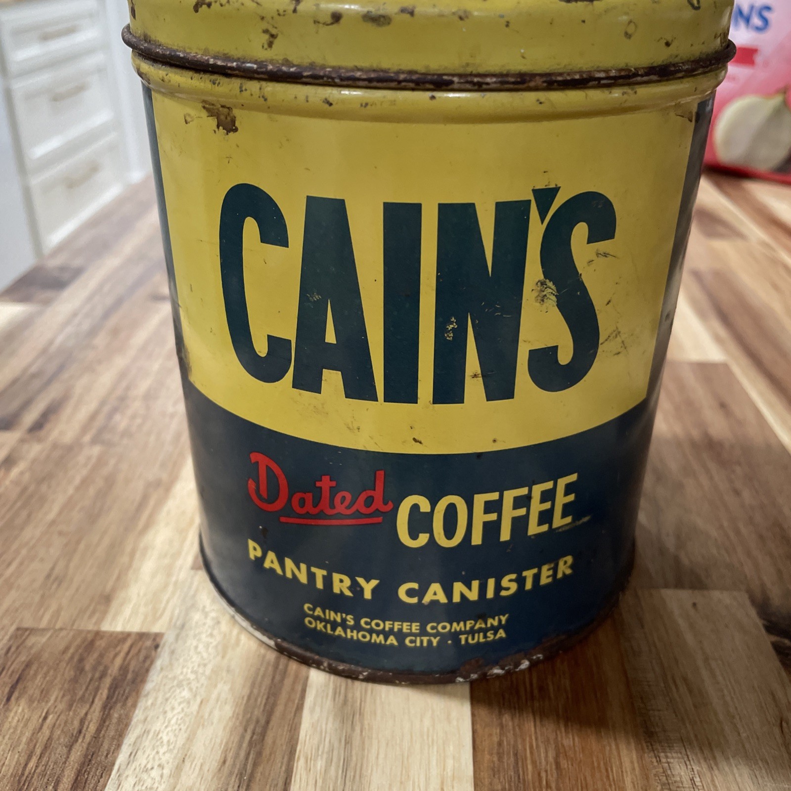 Cain’s Coffee Tin Pantry Canister Oklahoma City Tulsa Vintage Home Farm Work USA