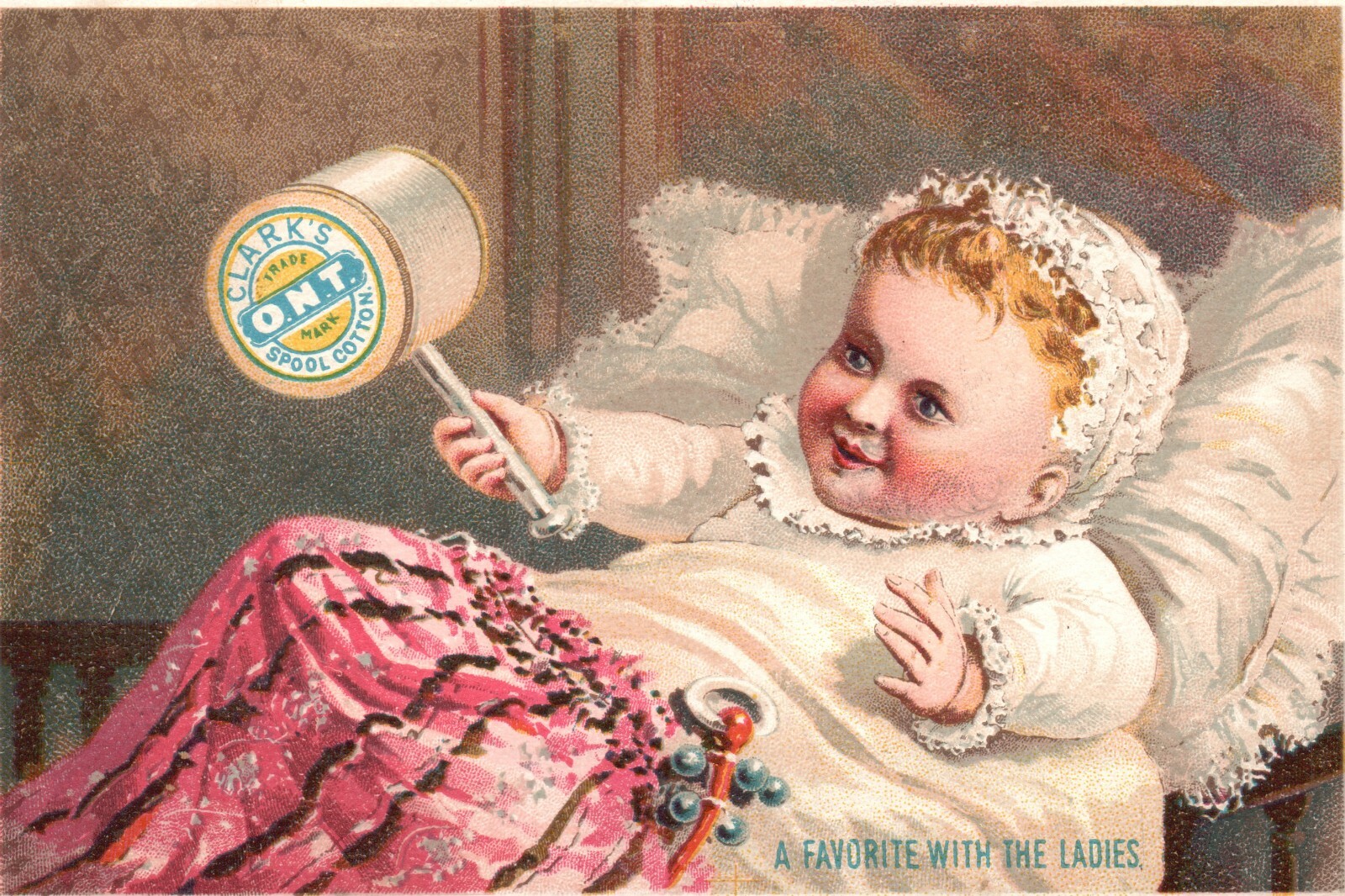 1880s-90s Baby in Crib Clark’s Spool Cotton ONT Sewing Machines Trade Card