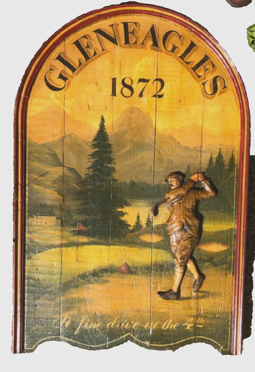Gleneagles Golf Course 36 x 24 Painted Wood Sign-Golfer in Relief-C.1920s-EXC