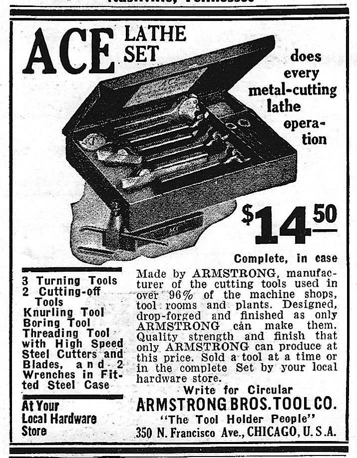 1935 Ad * ACE Lathe Set Metal Cutting $14.50 by Armstrong Bros Tool Co Chicago