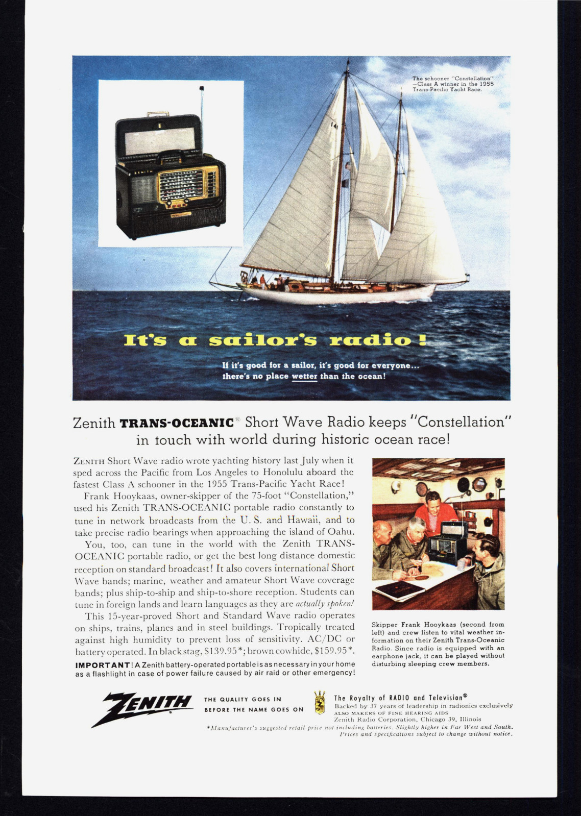 1956 ZENITH SHORT WAVE RADIO SCHOONER CONSTELLATION YACHT VTG MAG. PRINT AD