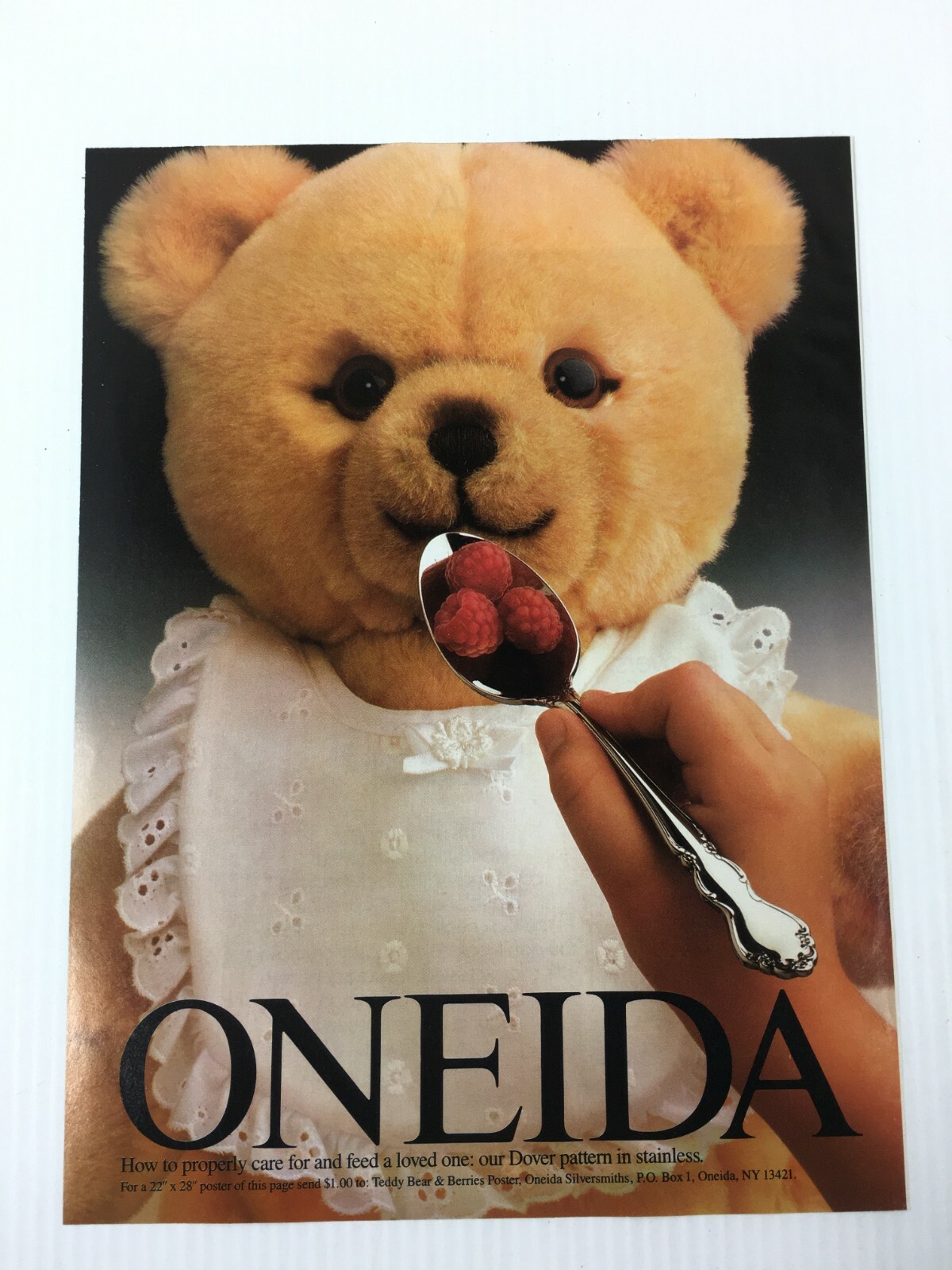 Oneida Spoon Teddy Bear and Raspberries Vintage Print Advertisement 1980s