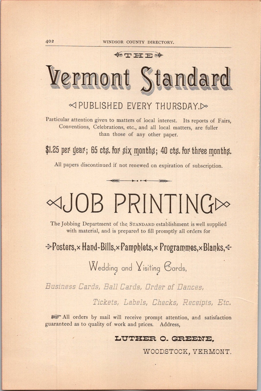 1883 Vermont Standard Job Printers Posters Bills Programmes WOODSTOCK VT