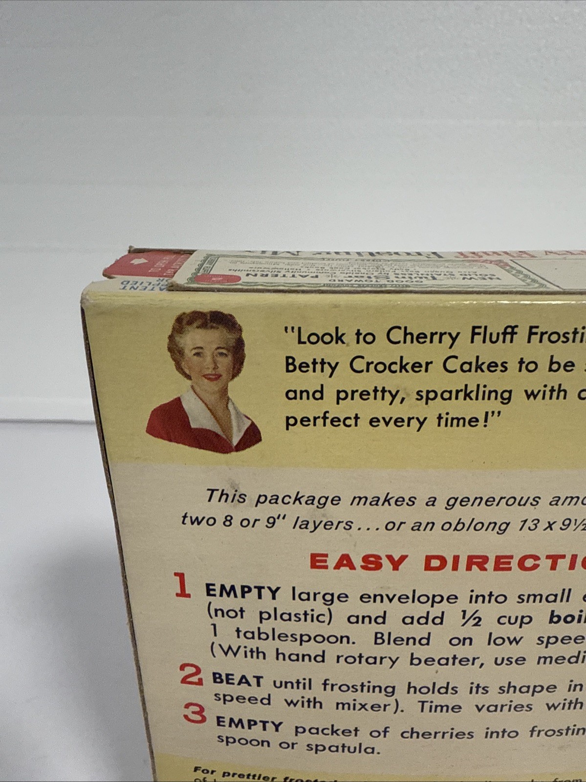 Vintage 1963 Betty Crocker Cherry Fluff Frosting Mix Box Sealed Display PYREX??