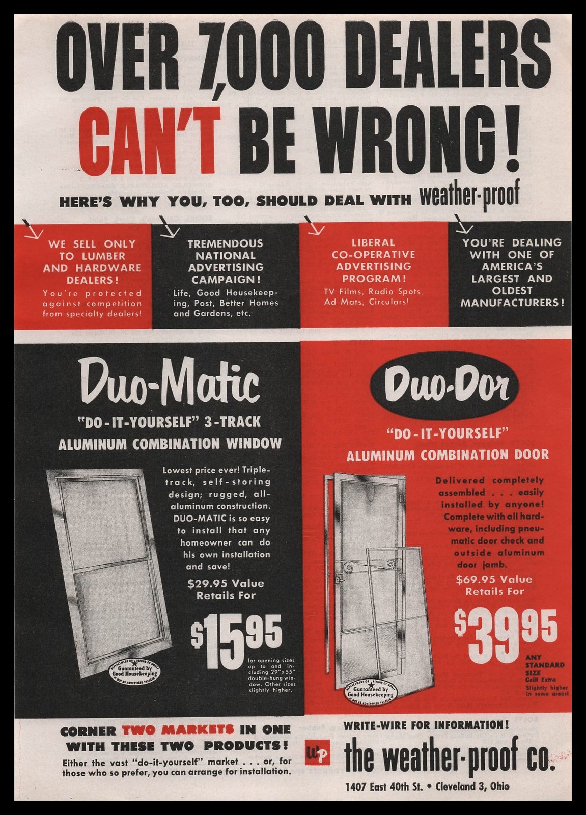1954 Weather Proof Co. Cleveland Ohio Duo-Matic Windows & Duo-Dor Doors Print Ad