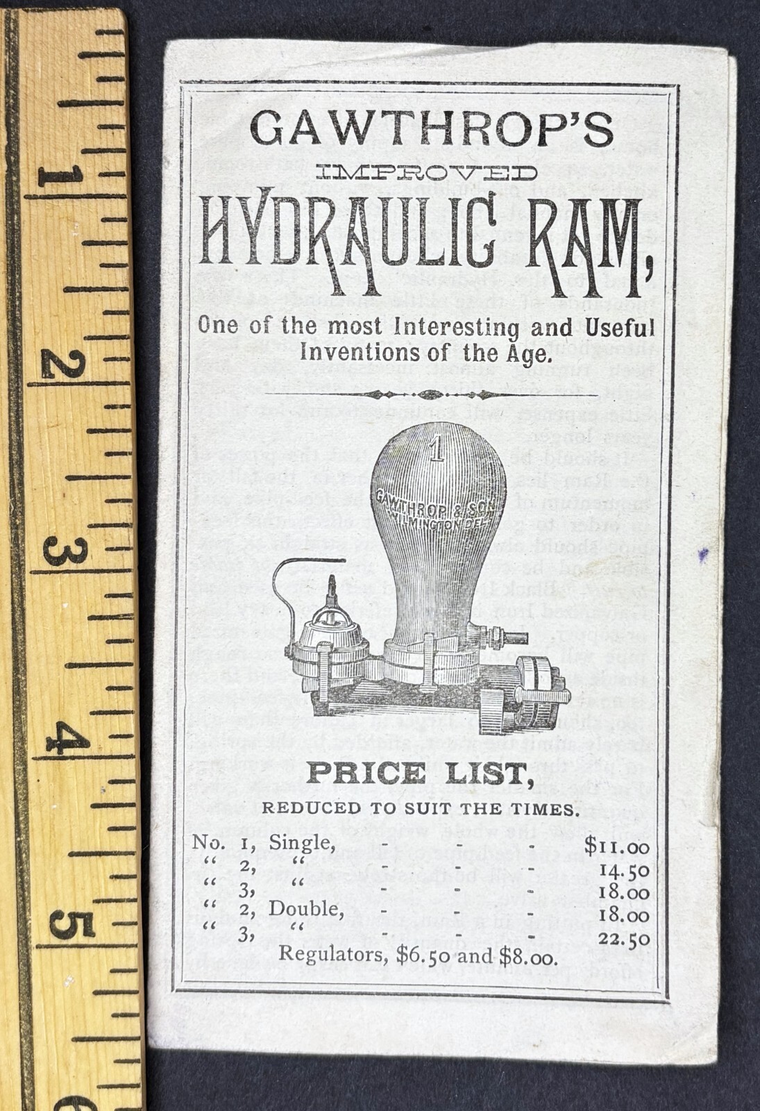 RARE Advertising Brochure – Gawthrop’s Hydraulic Ram Invention – 1882 Wilmington
