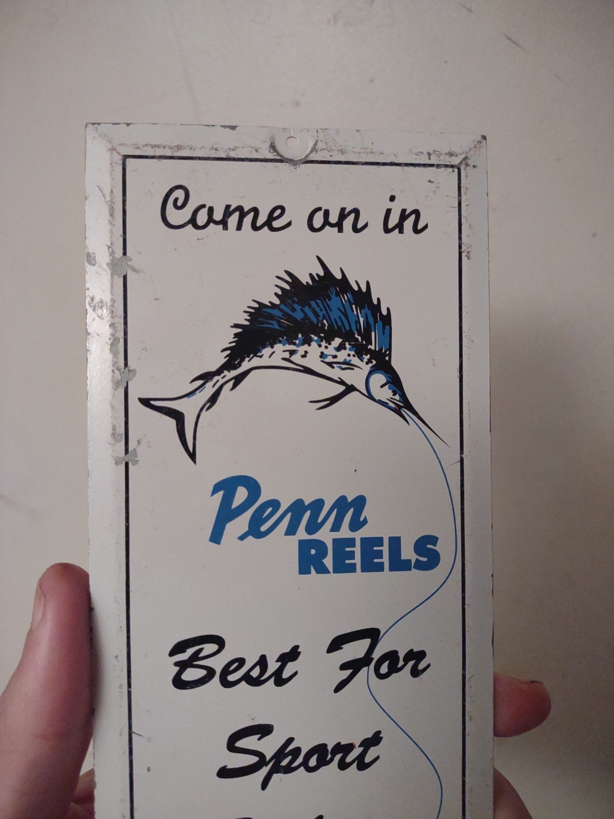 SCARCE VINTAGE PENN FISHING REELS PAINTED METAL DOOR SIGN BATE SHOP MARLIN