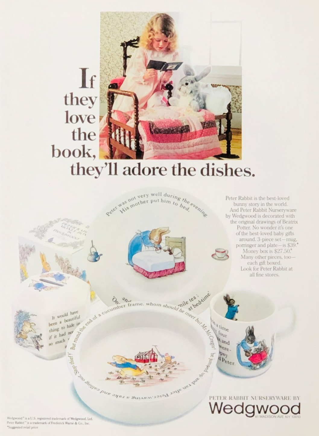 1983 Wedgewood Advertisement Peter Rabbit Dishes Girl Reading Vintage Print AD