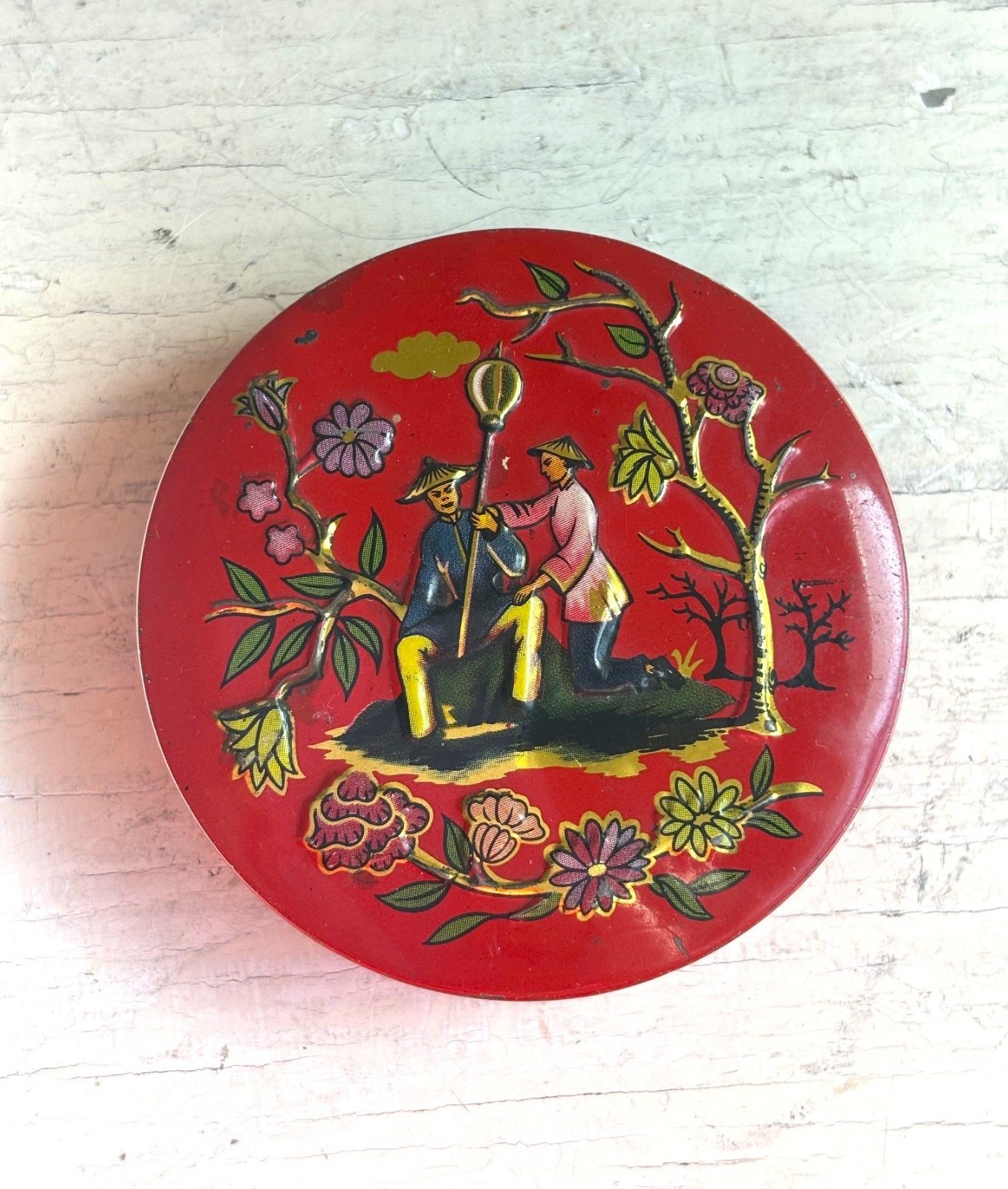 Vintage 30s-50s Round Litho Tin Box 3″ Chinoiserie Exotica Baret Ware Mini Candy