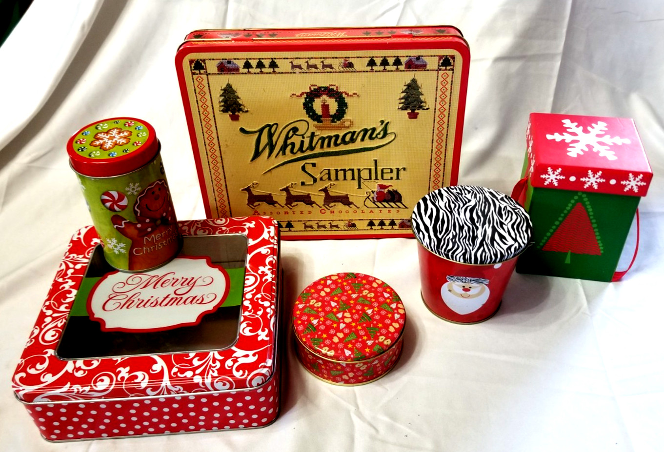 6 Xmas Tin VTG Whitman’s Sampler Santa Tree Gift Box Decor Cookie Candy Present
