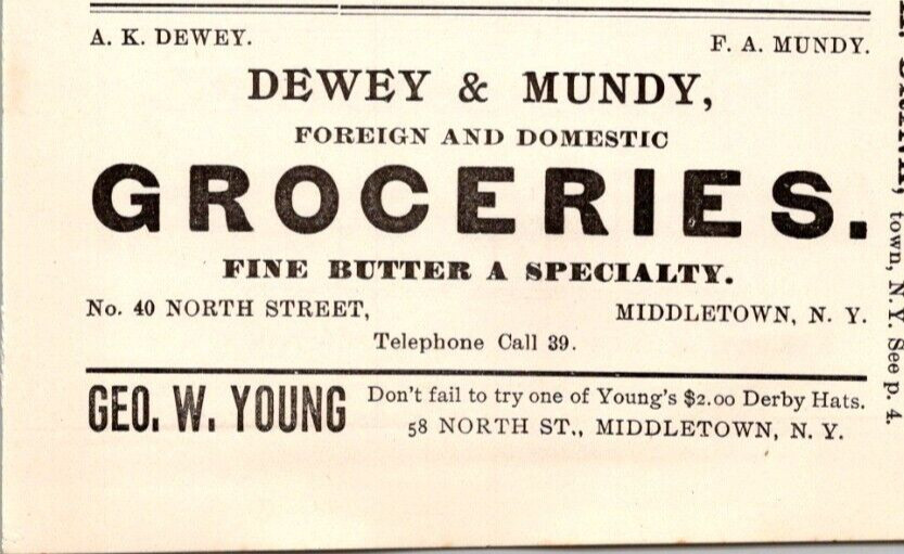 1900 Dewey & Mundy Foreign & Domestic Groceries Fine Butter MIDDLETOWN NY