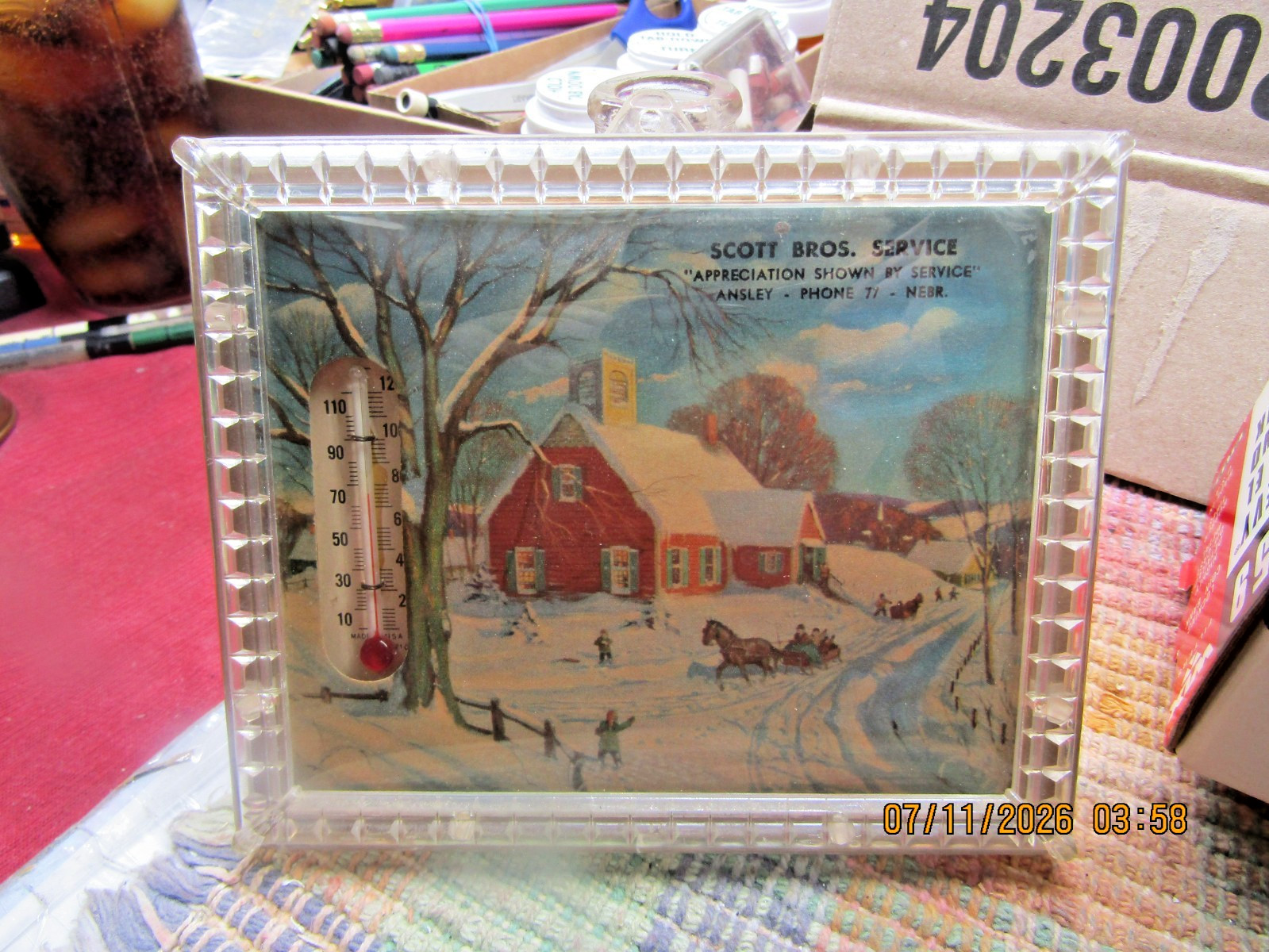 VINTAGE ADV SCOTT BROS SERVICE STATION, ANSLEY, NE PICTURE FRAME THERMOMETER !!