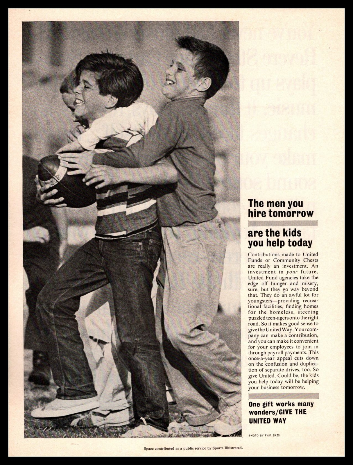1963 United Way Charity Neighborhood Boys Playing Tackle Football Print Ad