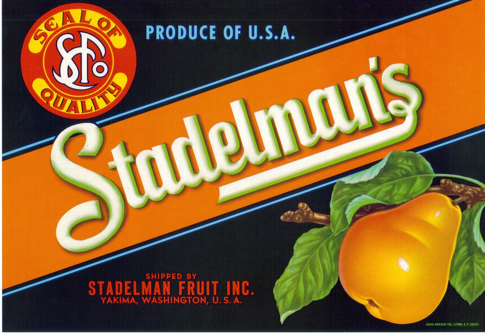 Original STADELMAN’S pear crate label Stadelman Fruit Inc Yakima Washington