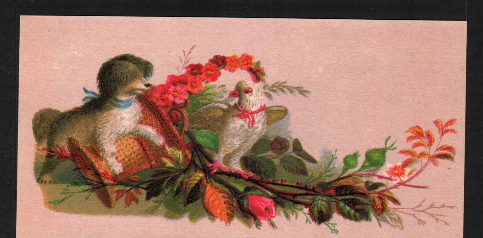 c1880s Trade Card Dog Bird Flower Basket Unused Card Bright Color