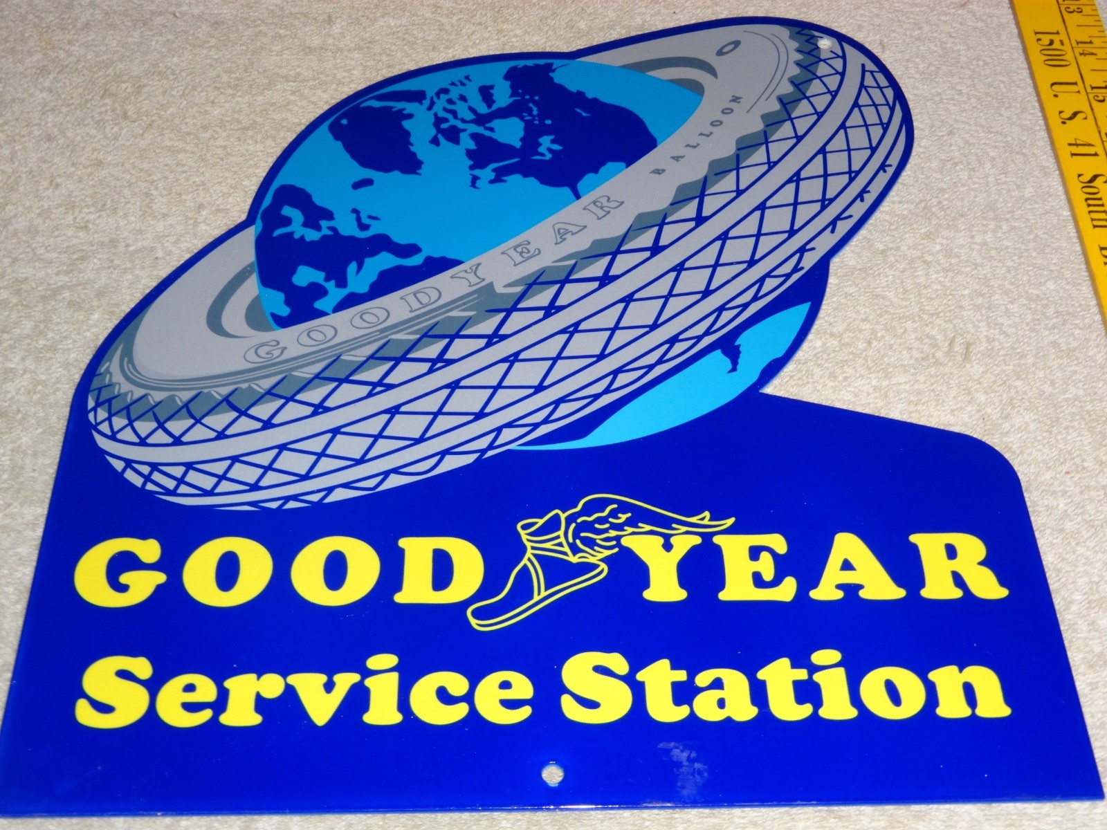 VINTAGE GOODYEAR SERVICE STATION TIRE AROUND WORLD 12″ ENAMEL METAL GAS OIL SIGN