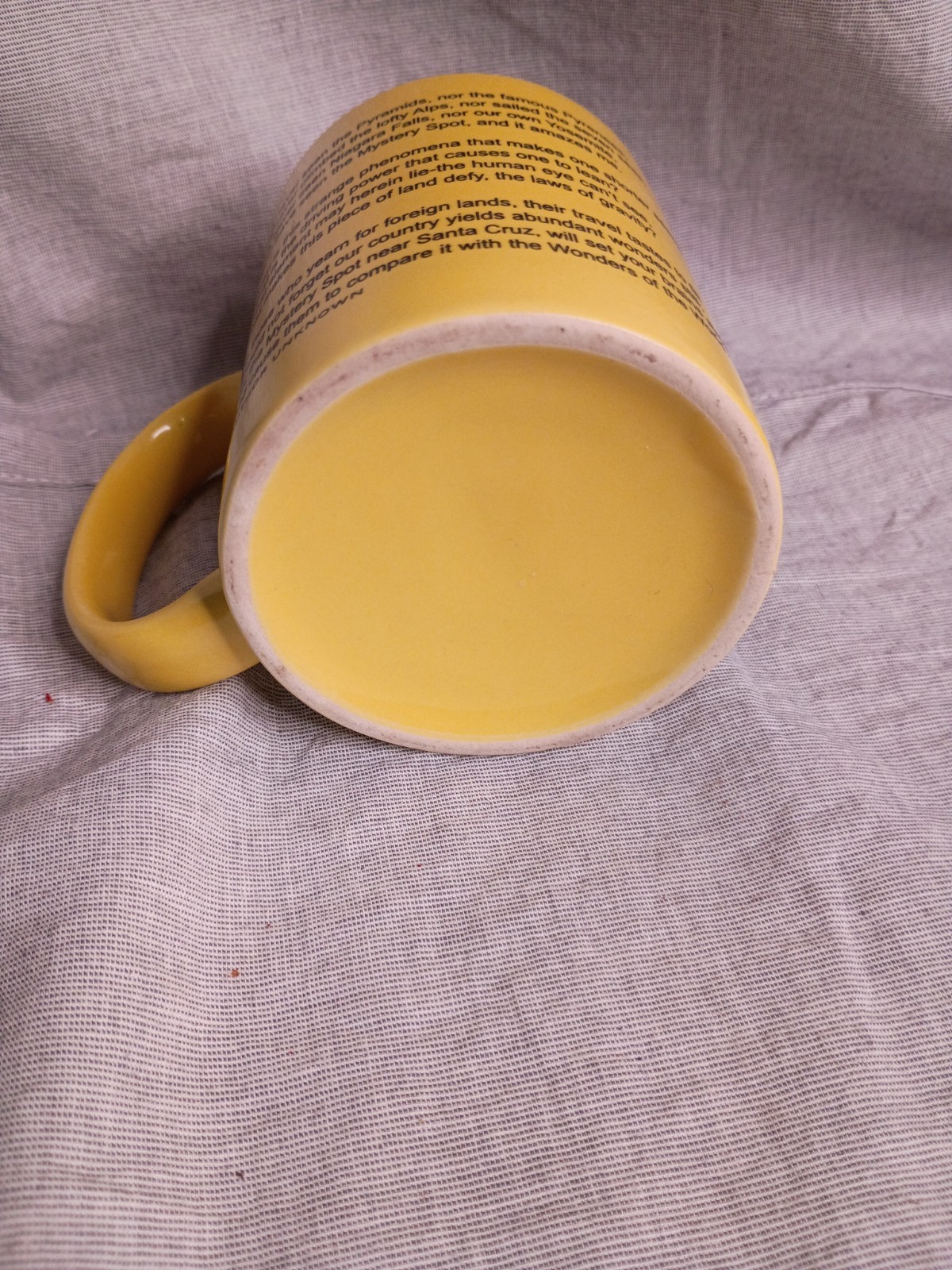 Santa Cruz The Mystery Spot California U.S.A. Mug Logo Spellout Poem Text Yellow